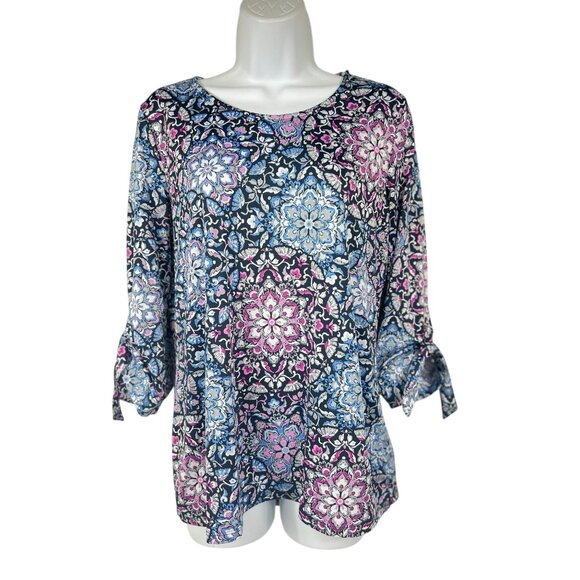 Croft & Barrow Womens Small Floral Print 3/4 Tie Sleeve Blouse - Picture 2 of 14